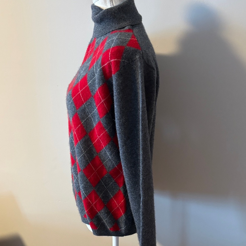 Apt. 9 100% Cashmere Charcoal & Red Argyle Turtleneck Long Sleeve Sweater. Sz L - Picture 2 of 8